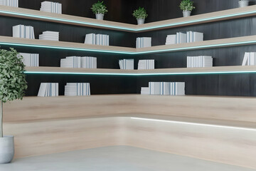 Fototapeta premium Modern corner bookshelf with books and plants, minimalist interior design, reading nook, home office or library