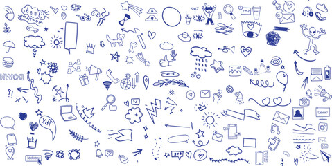 Obraz premium Set of hand drawn manga comic book emotion effects. Hand drawn line or outline anime elements. Doodle vector icons and sign facial expression of fear,