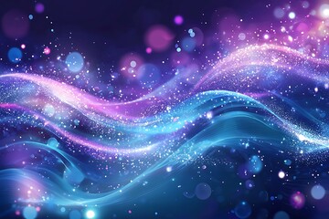 Fototapeta premium Abstract blue and purple light wavy shapes with glowing retro waves