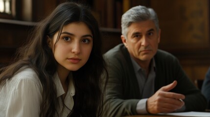 A woman and a man are sitting at a table. The woman is looking at the camera with a serious expression. The man is leaning forward and pointing at something. Scene is tense and focused