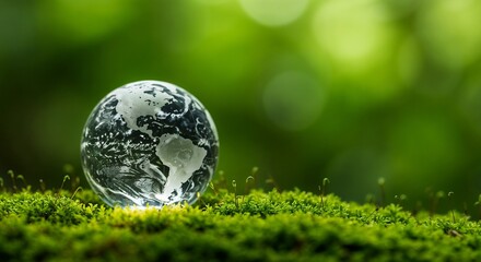 Glass globe symbolizing Earth placed on lush green moss, conveying environmental care and sustainability.

