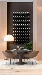 Modern dining room with wine rack, table setting, and stylish chairs.  Image ideal for interior design websites, magazines, and blogs
