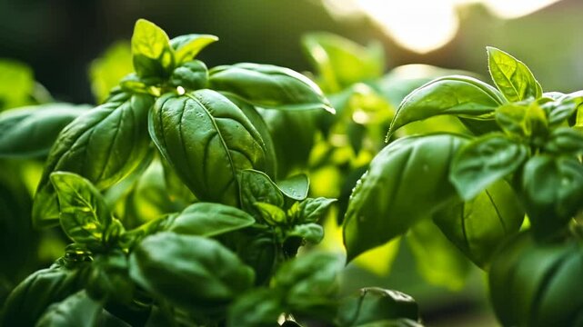 Close up of Green Basil herb plants. Ocimum Basilicum leaves zoom in