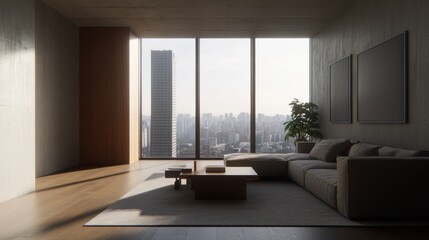 Fototapeta premium A modern living room with a sleek design, featuring a large window offering a cityscape view, a comfortable sectional sofa, and minimalist decor.