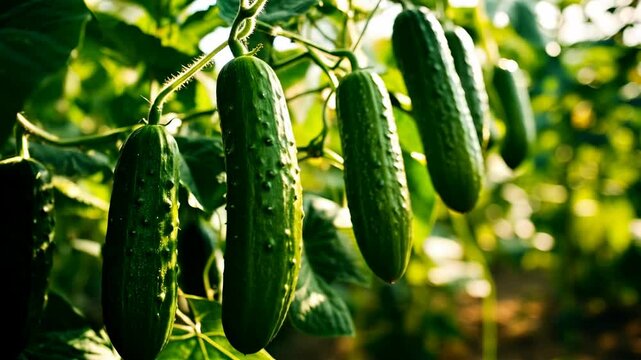 Close up of cucumbers hanging on plant branch.