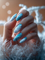 Hand with winter manicure in cool and silver tones.
