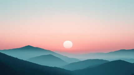 Fototapeta premium A serene sunset over layered mountain ridges, showcasing a gradient sky that transitions from pink to blue, evoking a calm, cinematic atmosphere.