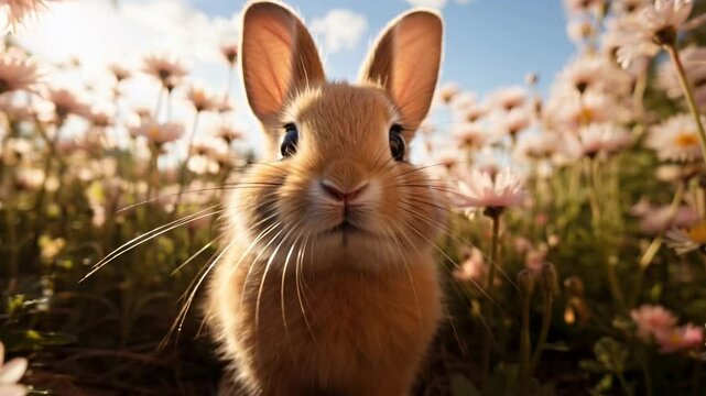Bunny standing in a chamomile field under blue sky. Close up zoom of funny rabbit on a lawn with daises. Happy Easter concept