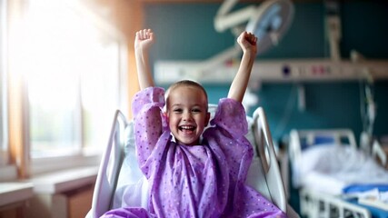 Happy child cancer patient in hospital bed raising hands while sun shines through window. Joyful kid celebrating successful treatment. World cancer day, childhood cancer awareness