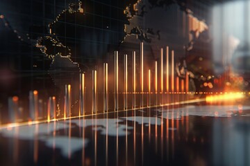 Analyzing global financial markets with a world map and bar graphs to show data and economic trends
