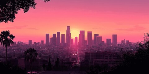 Stunning Los Angeles Skyline at Sunset with Vibrant Pink Sky and Silhouetted Palm Trees - Captivating Urban Landscape and Iconic Cityscape Views