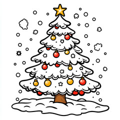Christmas tree coloring page, black and white kids page
