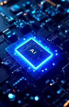 AI chip on glowing blue pcb. Artificial intelligence microchip. AI chipset on circuit board. Future technology, neuronal network and AI concept.