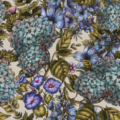 Obraz premium Vintage Botanical Blue Flowers Seamless Pattern, Ferns and Moths