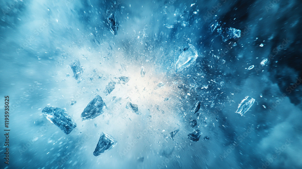 Wall mural exploding ice shards captured in motion symbolize the power and beauty of frozen elements in a dynam