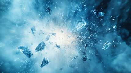 Exploding ice shards captured in motion symbolize the power and beauty of frozen elements in a dynamic scene with a bright background and blurred chaos creating a captivating, energetic composition

