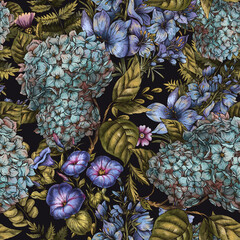 Obraz premium Vintage Botanical Blue Flowers Seamless Pattern, Ferns and Moths