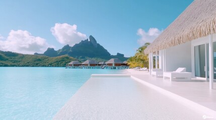 Fototapeta premium A serene lagoon in Bora Bora with clear turquoise waters, lush green mountains, and cozy overwater bungalows under a bright blue sky.