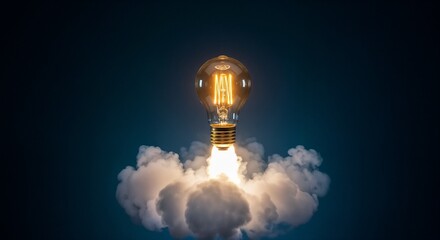 A representation of an innovative idea symbolized by a glowing light bulb with smoke resembling a rocket liftoff, set against a dark gradient background evoking mystery and imagination.

