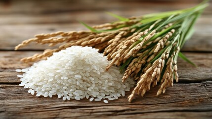 Rice harvest grains & paddy on wood