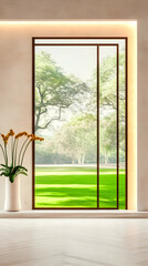 Modern interior design, large window showing a lush green park, sunlight streaming in, creating a tranquil atmosphere. Ideal for home decor websites and magazines