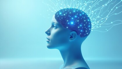 Obraz premium Futuristic illustration depicting a translucent human profile with a luminous brain, symbolizing AI and cognitive science..