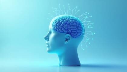 Futuristic illustration depicting a translucent human profile with a luminous brain, symbolizing AI and cognitive science..