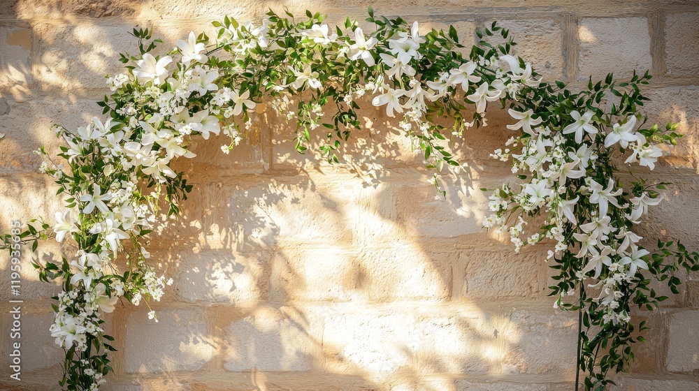 Wall mural White flower archway against a beige brick wall.