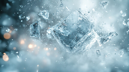 Exploding ice shards captured in motion symbolize the power and beauty of frozen elements in a dynamic scene with a bright background and blurred chaos creating a captivating, energetic composition

