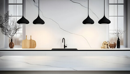 Modern kitchen design with marble countertop, pendant lights, and window view.  Perfect for interior design websites and magazines