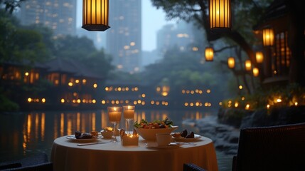 Romantic lakeside dinner, city backdrop, evening ambiance