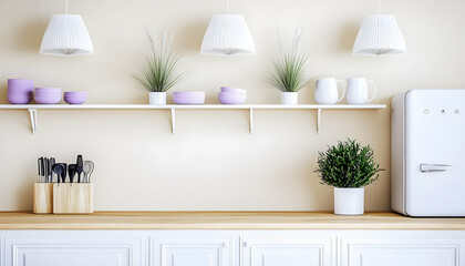 Modern kitchen interior design with pastel-colored bowls, plants, and white appliances. Ideal for home decor blogs or real estate websites