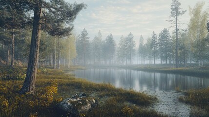 Misty Morning Forest Lake