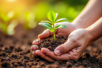 Hands holding young seedling with water drops in fertile soil