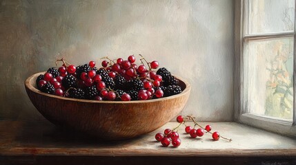 Wooden bowl of redcurrants and blackberries on windowsill.
