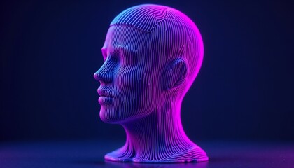 Obraz premium A modern art depiction of a classical bust, illuminated by vibrant purple and blue neon lighting effect.