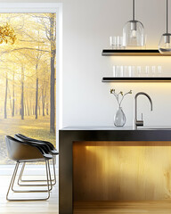 Modern kitchen island with autumnal view, sleek design, minimalist style, perfect for interior design websites