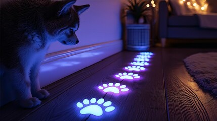 Safety Pup Day Dog explores glowing paw prints on the floor.
