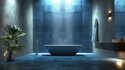Modern dark blue bathroom with freestanding bathtub, shower, and plant.