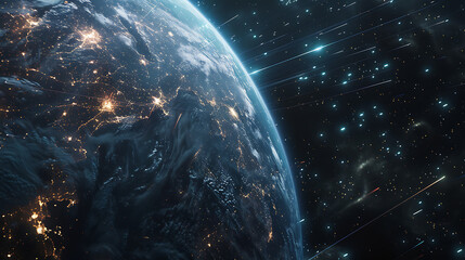 Obraz premium Earth at Night with Meteor Shower