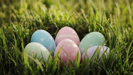 Easter eggs: A simple yet striking photo of a collection of colorful Easter eggs nestled in fresh, vibrant spring grass, captured from a low, nearly parallel angle
