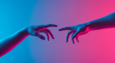 Fototapeta premium Two Hands Reaching Out in Artistic Neon Blue and Pink Lighting