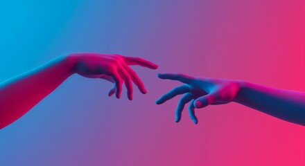 Fototapeta premium Two Hands Reaching Out in Artistic Neon Blue and Pink Lighting