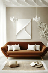 Modern living room interior design, brown sofa, beige walls, artwork, natural light. Use Home decor inspiration