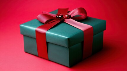 Fototapeta premium Teal gift box with red ribbon and bow on red background.