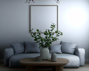 Modern living room interior design, cozy sofa, plant decor, empty frame mockup, calm background, ideal for home decor websites