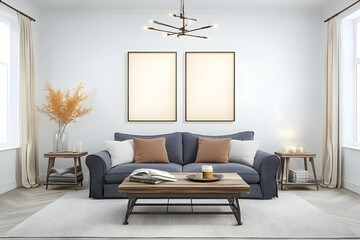 Modern living room interior design, cozy sofa, two blank frames, autumn decor, natural light