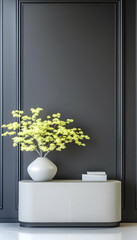 Modern living room interior design, elegant console table with plant, dark wall background, ideal for home decor magazines
