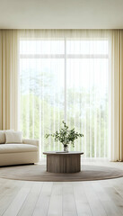Fototapeta premium Modern living room interior design, featuring a beige sofa and coffee table with greenery, large window overlooking a lush green landscape, ideal for home decor and real estate websites