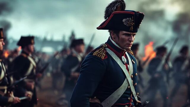 Napoleon stands resolute in battle, showcasing leadership and determination amidst chaos